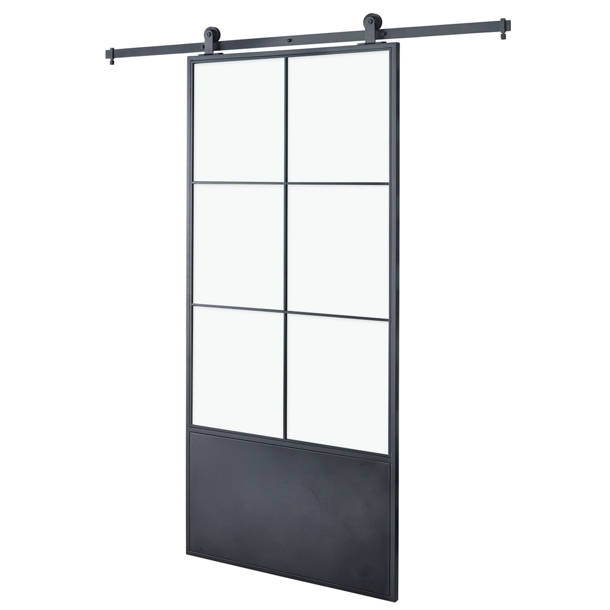 Renin Paneled Metal and Glass Barn Door with Installation Hardware Kit